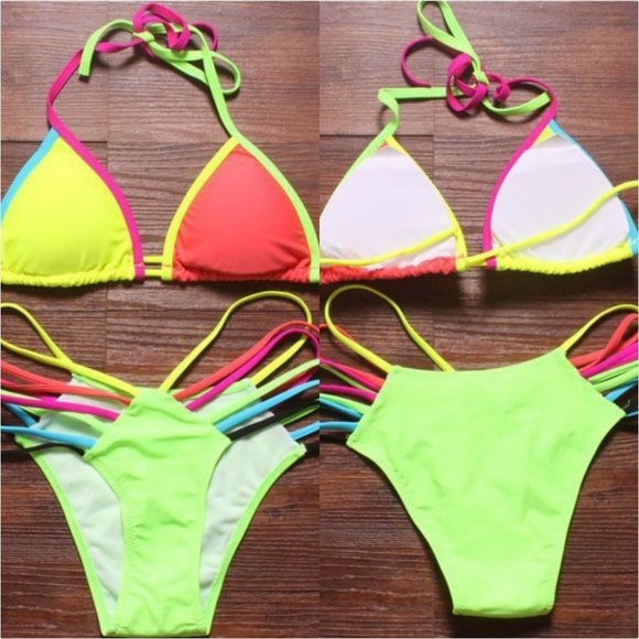 LAST ONE Neon Rainbow Strappy Halter String Bikini - Picture 3 of 8